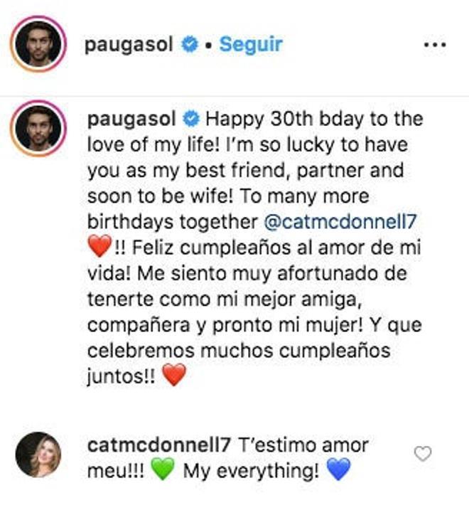 Pau Gasol felicita a su novia Cat McDonnell y ella le responde