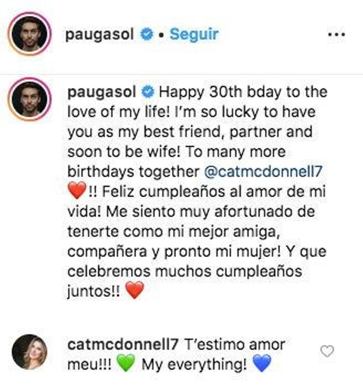 Pau Gasol felicita a su novia Cat McDonnell y ella le responde