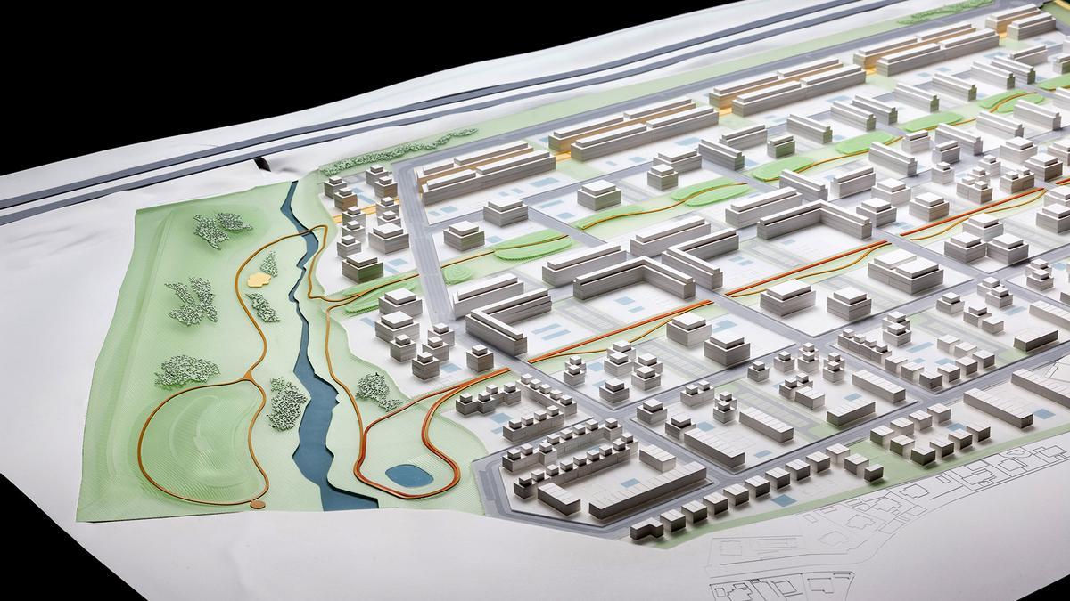 Recreación en una maqueta del futuro barrio de Retamar de la Huerta