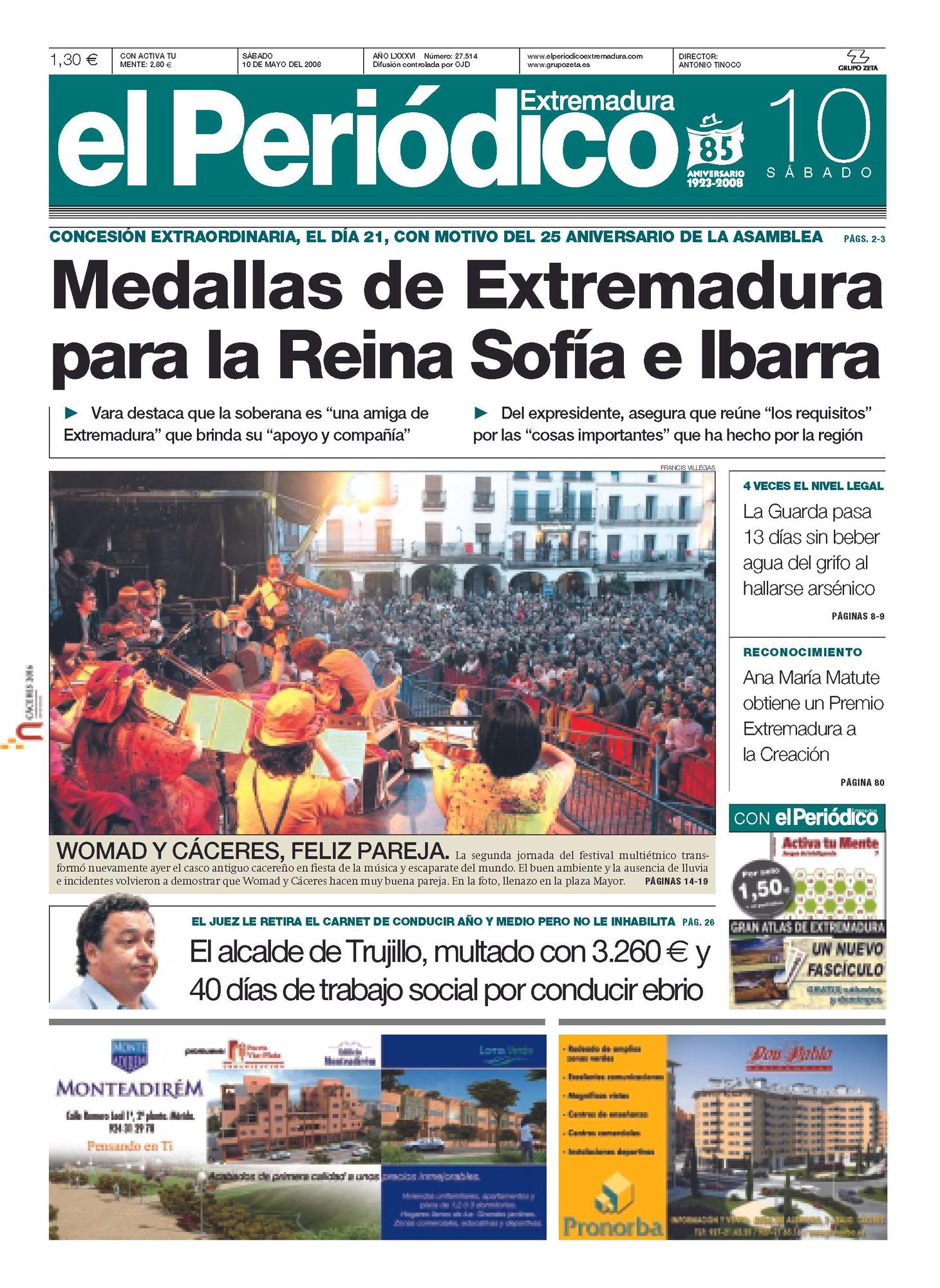 Portada de El Periódico Extremadura el 10 de mayo de 2008.