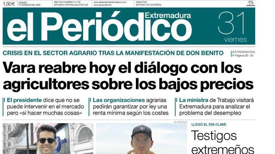 Esta es la portada de EL PERIÓDICO EXTREMADURA correspondiente al día 31 de enero del 2020