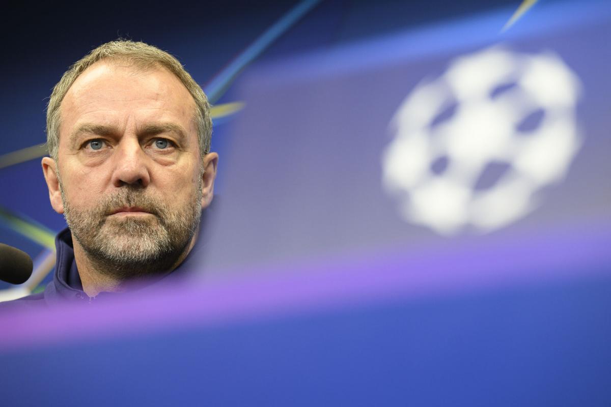 Hansi Flick, en la sala de prensa del Eden Arena, el estadio donde se jugará el Slavia Praga-Barcelona.