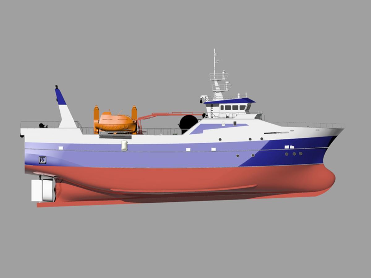 Diseño del buque arrastrero «Egunabar», de 2006, con el bote en el costado