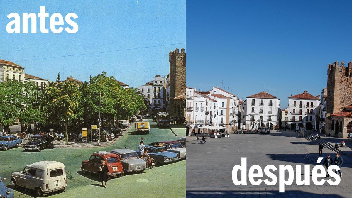 Imagen de la plaza con una de sus bandejas y cuando se podía circular y aparcar. Estado actual, sin construcción y sin tráfico.