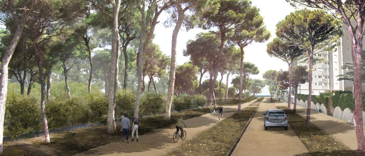 Recreación del futuro paseo verde que unirá el marjal y la p laya de l’Auir a través de la calle de la Ribera Baixa.                                                            levante-emv