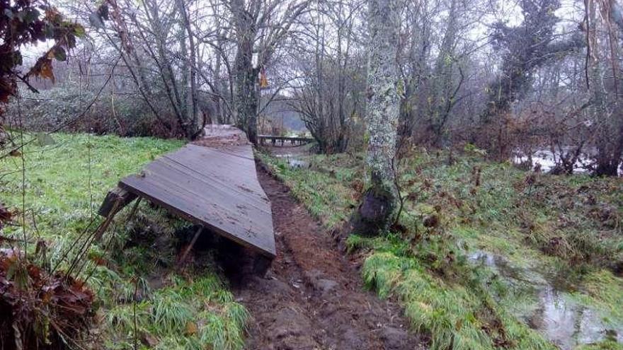 Las pasarelas de madera de la senda, desplazadas por el río. // D.P.