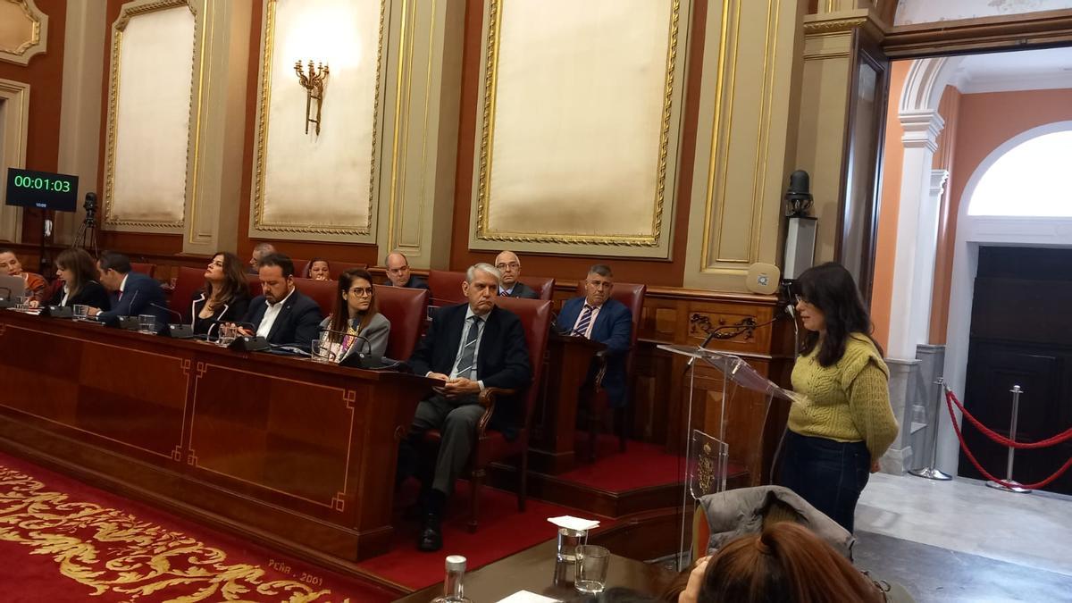María Rodríguez, portavoz de Brisas de Taganana, interviene en el pleno del Ayuntamiento de Santa Cruz.