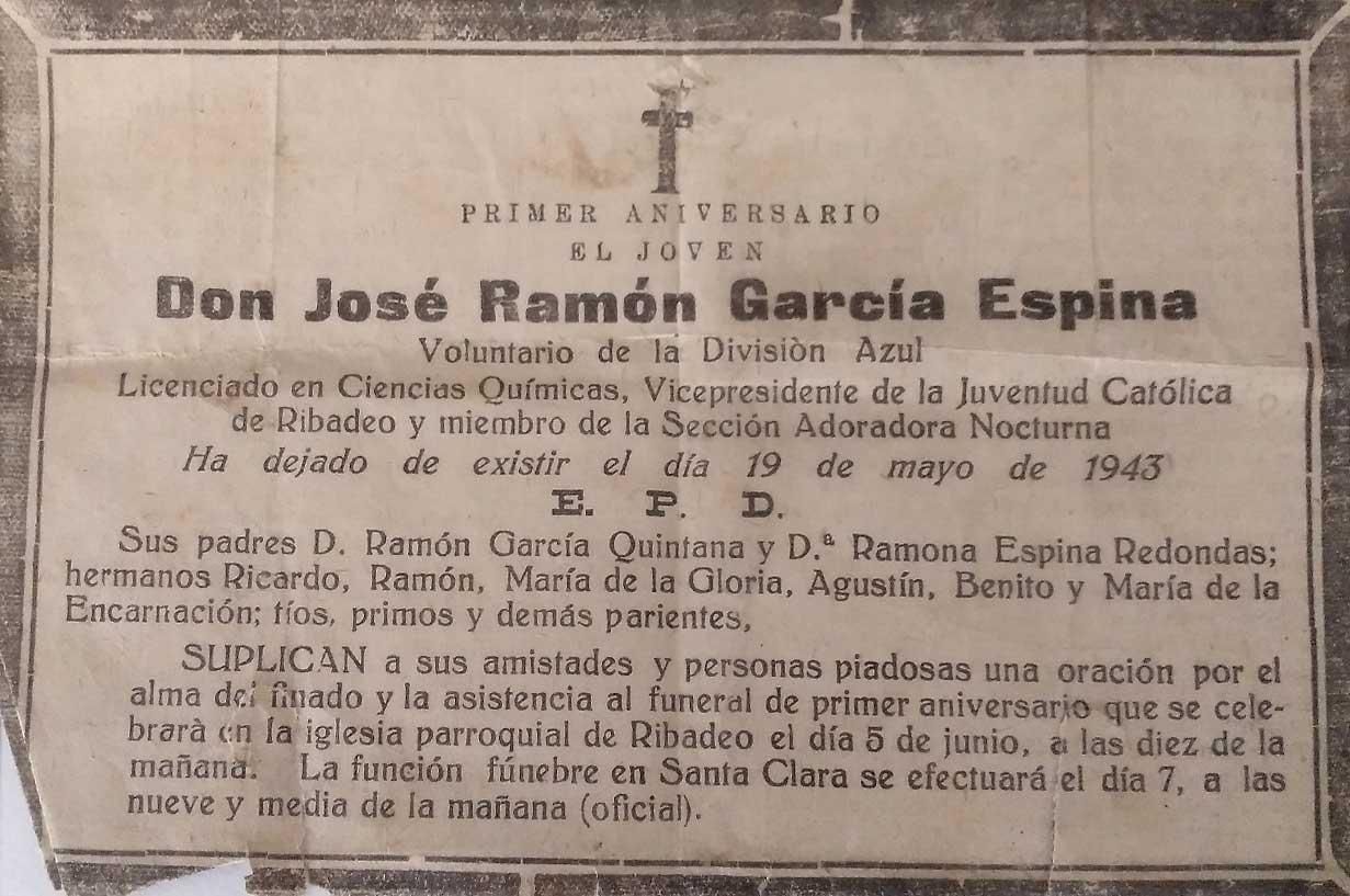 Esquela en el primer  aniversario de la muerte de García Espina.