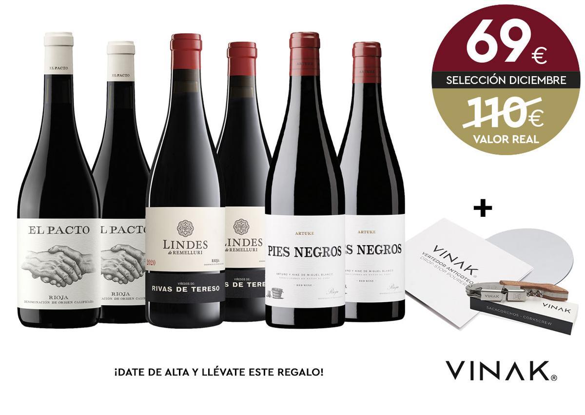 Selección de diciembre del Club de Vinos de Casa Gourmet, con regalo de Vinak para nuevos socios y socias.