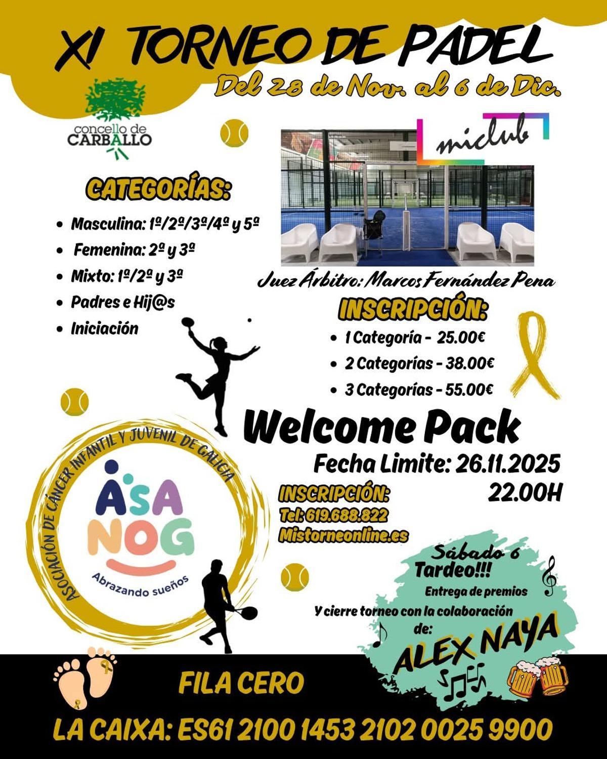 Cartel promocional do torneo de pádel solidario con Asanog.