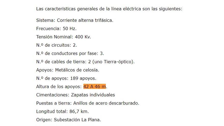 Captura de la declaración de impacto ambiental del mes de febrero, en la que se aprecia que el Gobierno concretó por error la altura que tendrían las torres eléctricas de la MAT.