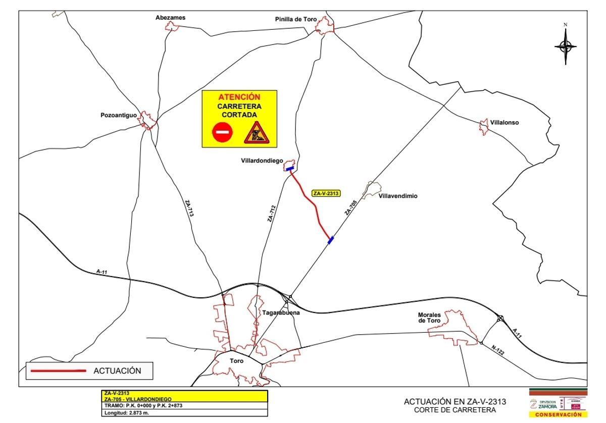 La carretera de Villardondiego, cortada al tráfico el martes 6 de junio