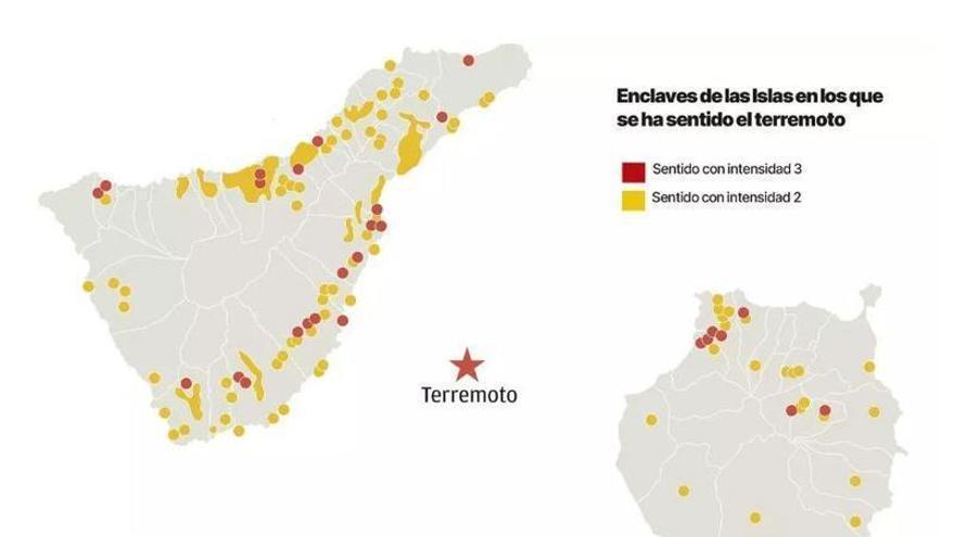 Gráfica de la intensidad con la que se ha sentido el terremoto en Tenerife y Gran Canaria