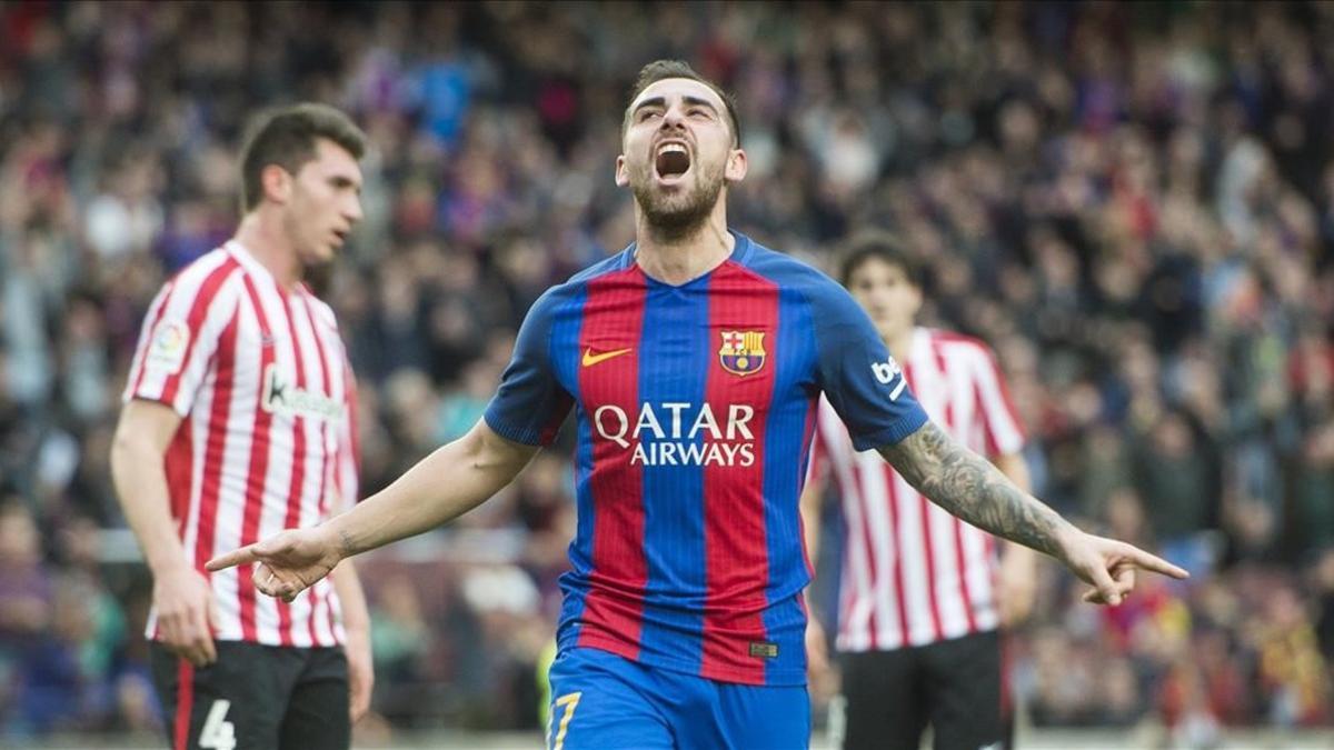 Alcácer celebra su primer gol en la Liga con la camiseta azulgrana durante el Barça-Athletic.