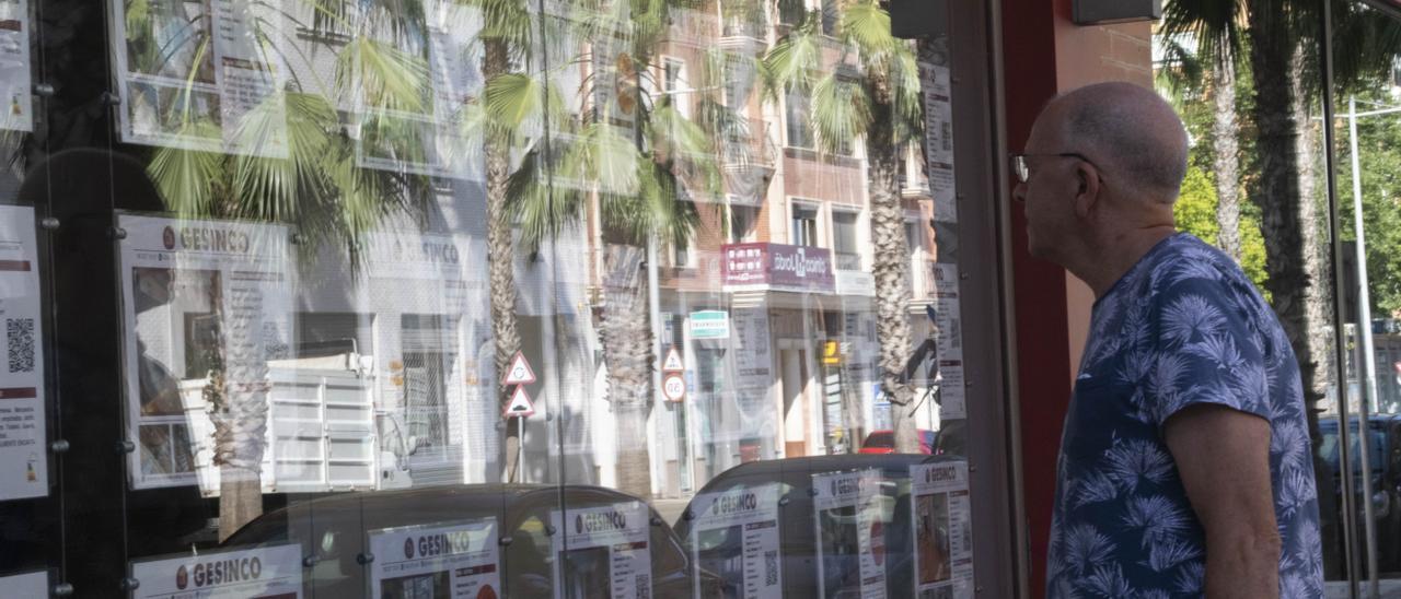 Un hombre observa los carteles de una inmobiliaria en Xàtiva.