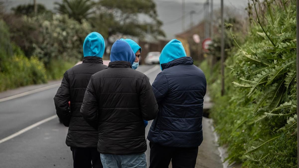 Inmigrantes caminan por la carretera en dirección a La Laguna