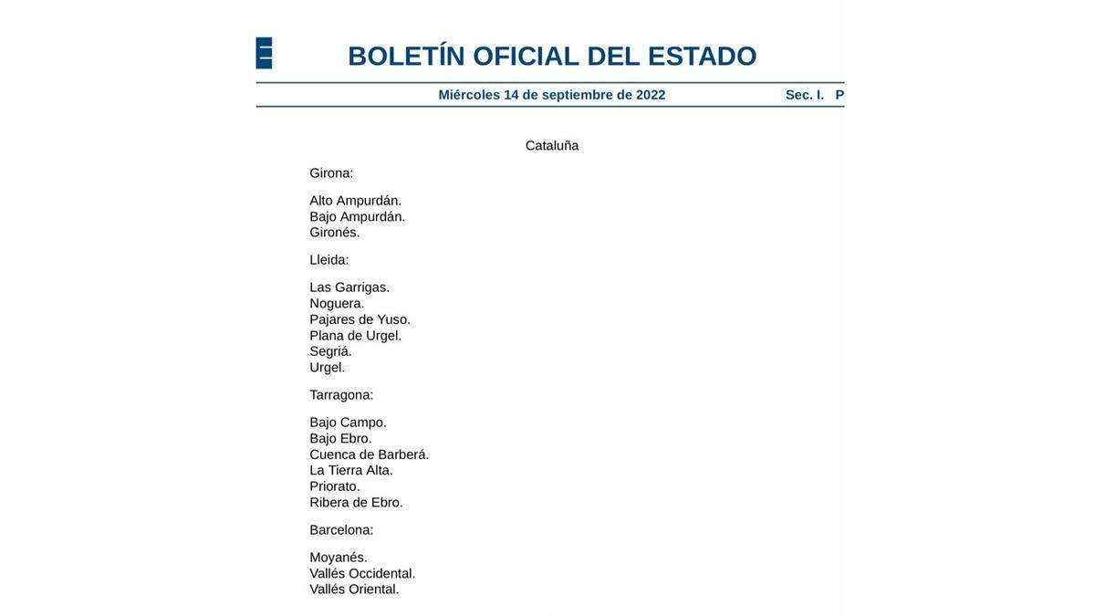 Imagen del Boletín Oficial del Estado, con el nombre de las comarcas catalanas