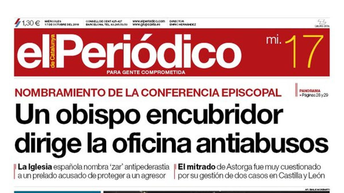 La portada de EL PERIÓDICO DE CATALUNYA del miércoles, 17 de octubre del 2018