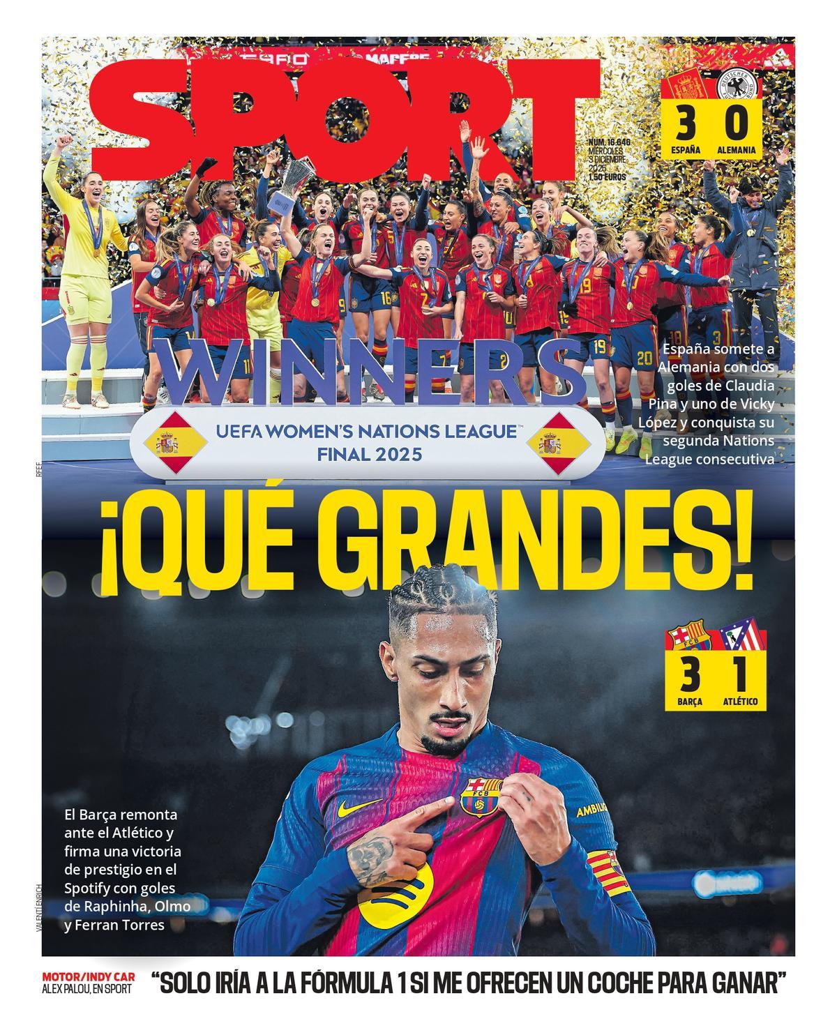 Esta es la portada de SPORT de hoy miércoles, 3 de diciembre de 2025