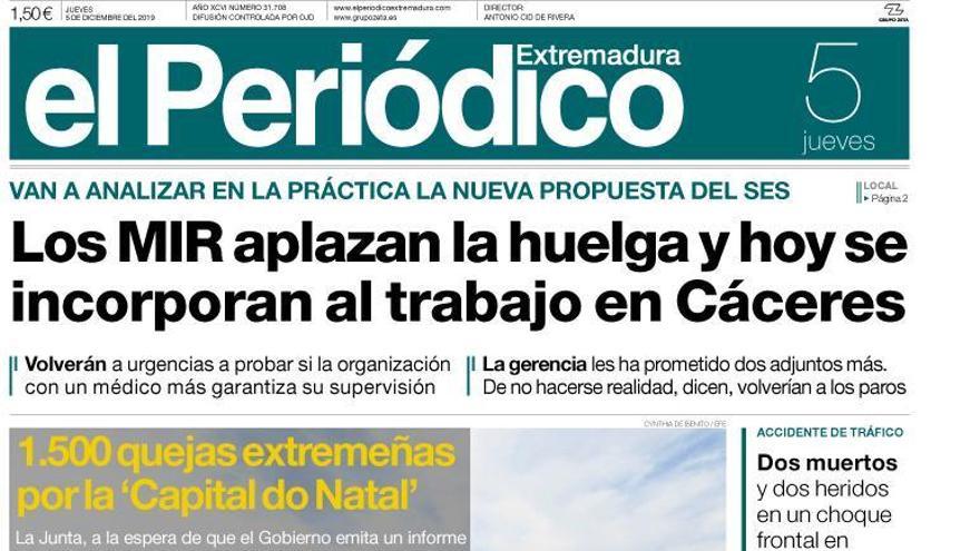 Esta es la portada de EL PERIÓDICO EXTREMADURA correspondiente al día 5 de diciembre del 2019