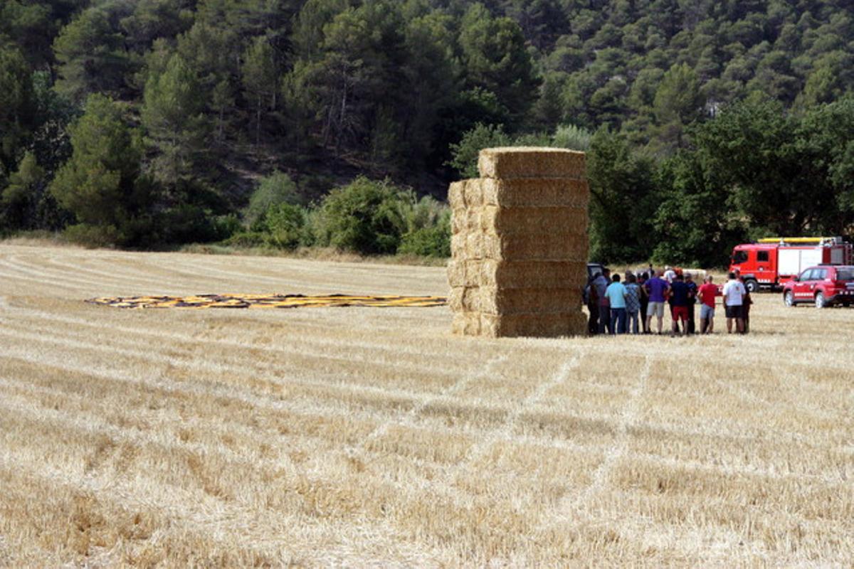 Detall de la tela del globus accidentat i del camp de blat on ha caigut.