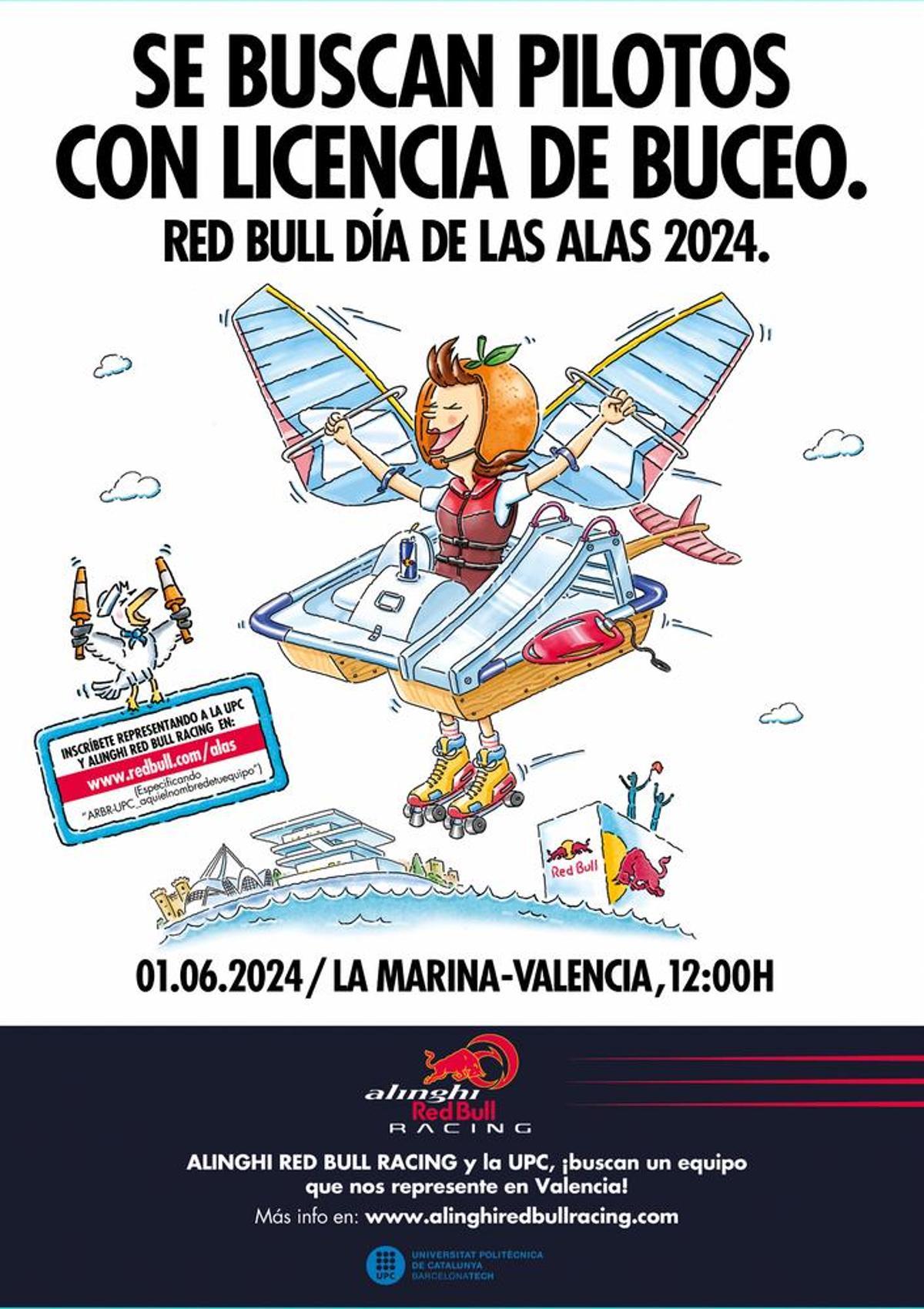 Cartel de Alinghi Red Bull Racing para hacer un llamamiento a los estudiantes de la UPC para el Día de las Alas.
