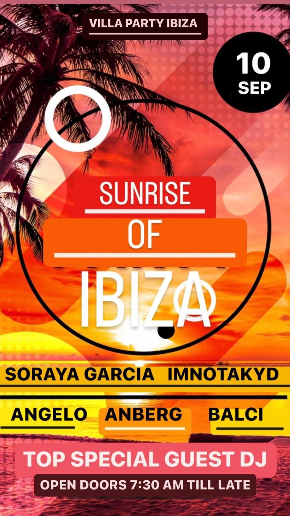 Imagen promocional de la fiesta 'Sunrise of Ibiza' en una villa el pasado domingo.
