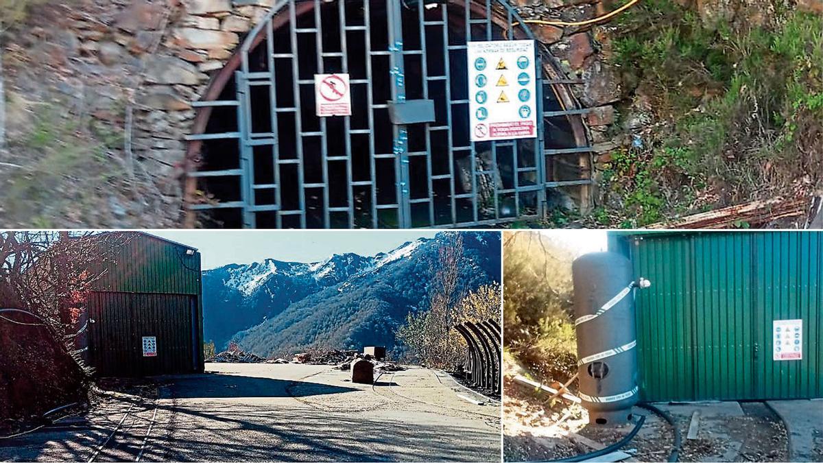 La mina, un año después. El ramo de flores colocado ayer ha desaparecido de la entrada del tercer piso de la mina de Cerredo, donde se produjo el accidente mortal que se llevó cinco vidas. Debajo, vista general de la explanada del tercer piso, a la izquierda, y el calderín precintado por la Guardia Civil, que fue objeto de investigación sobre si fue manipulado para introducir metano, extremo descartado por la investigación.