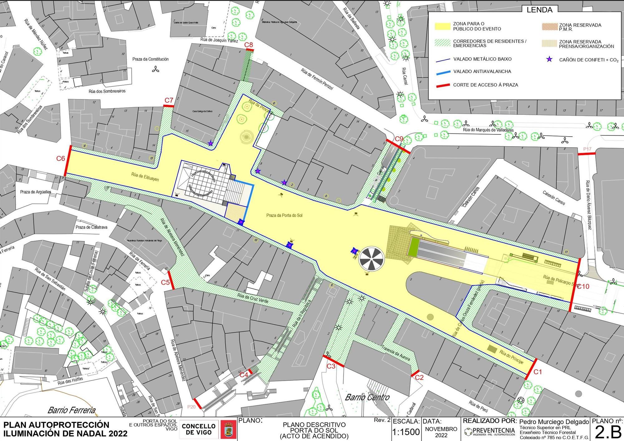 Plano del encendido de las luces de Navidad de Vigo 2022 en Porta do Sol.