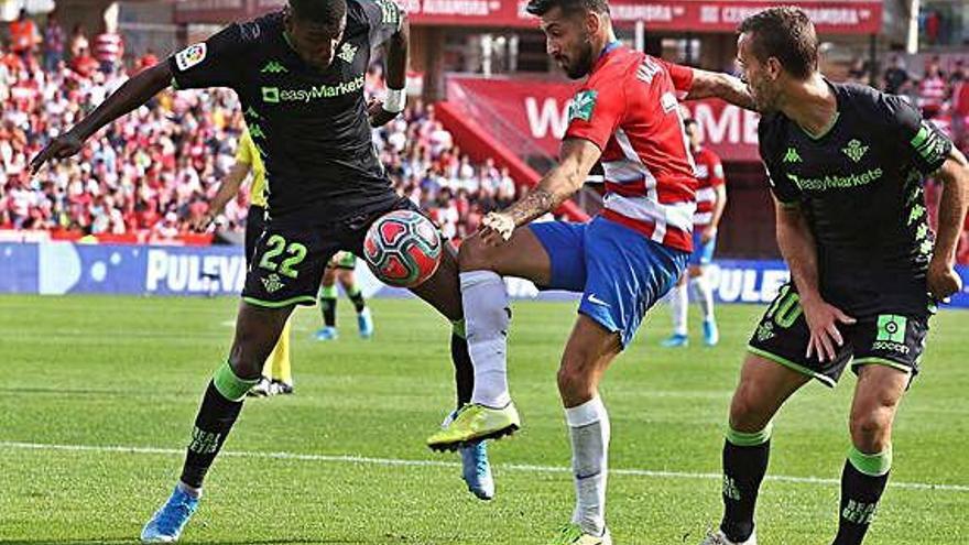 Vadillo, rodeado de jugadores béticos, durante el partido de ayer en el Nuevo Los Cármenes.