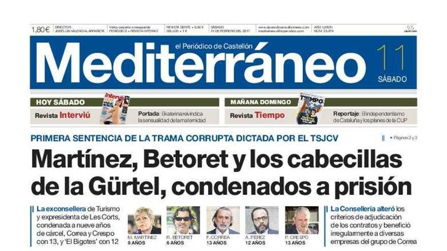 Martínez, Betoret y los cabecillas de la Gürtel, condenados a prisión, en la portada de Mediterráneo