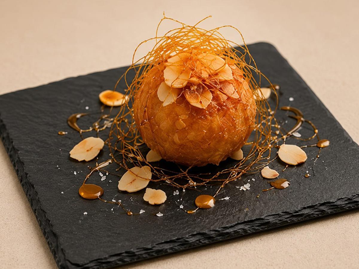 Cervecería La Barra de Clares (Murcia): Buñuelo crujiente de Queso de Murcia DOP curado envuelto en hilo de caramelo