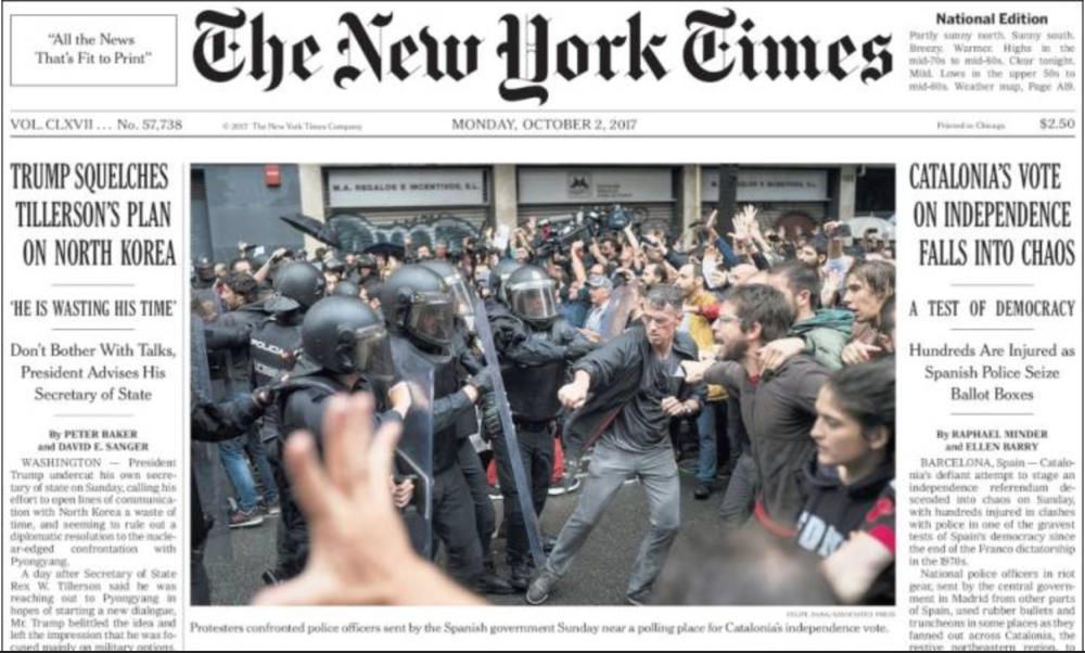 "Vergonya" o "Cop de força", la violència policial per impedir l'1-O ocupa les portades de la premsa internacional