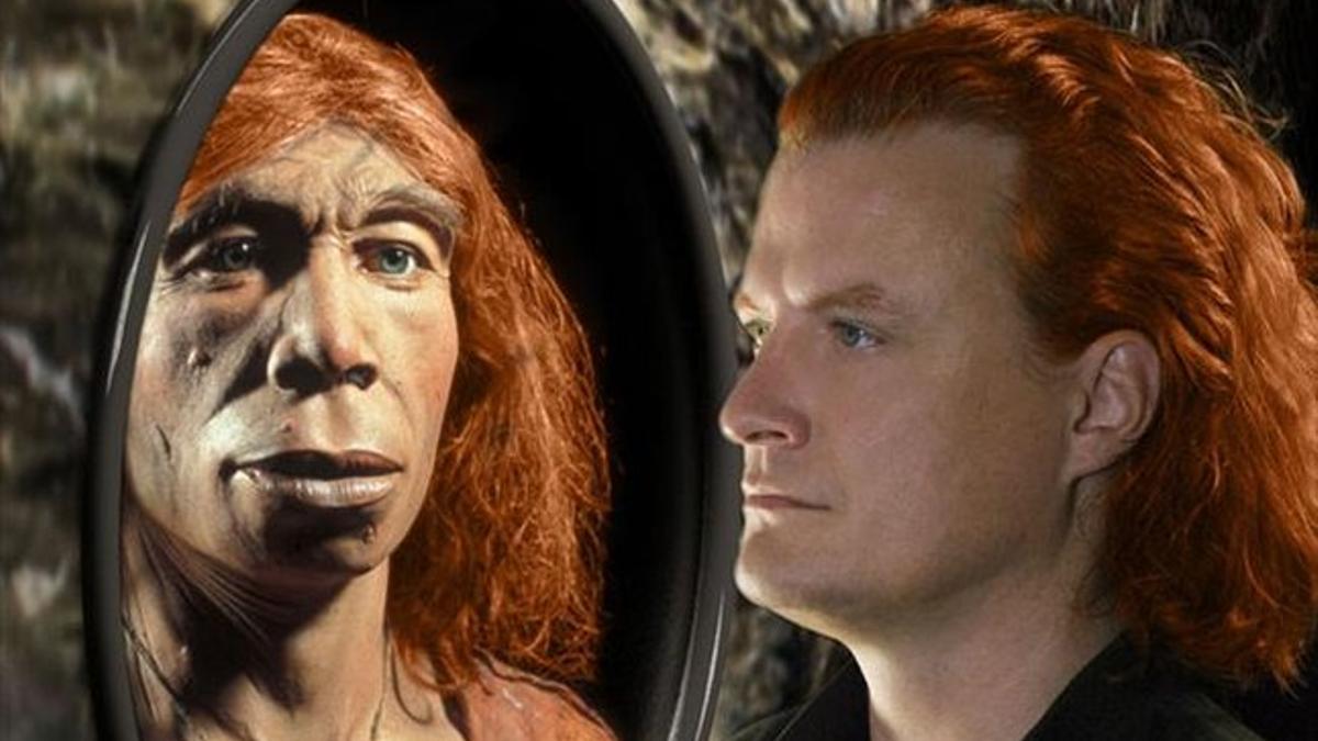 Recreación gráfica de un neandertal frente a un humano.