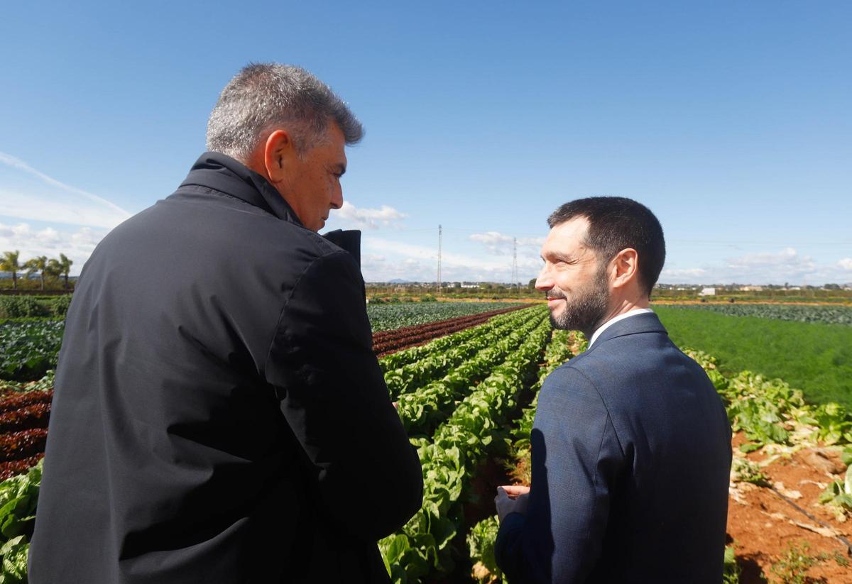 El ministro Pablo Bustinduy con un agricultor en la huerta de Catarroja.