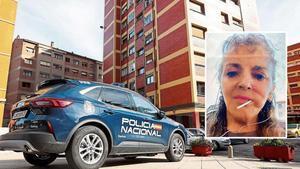 Un coche de la Policía Nacional junto al edificio de los pisos de la Sindical, en Vallobín, en el que tuvieron lugar los hechos. En el recuadro, una fotografía de María López, la mujer fallecida, cedida por la familia.