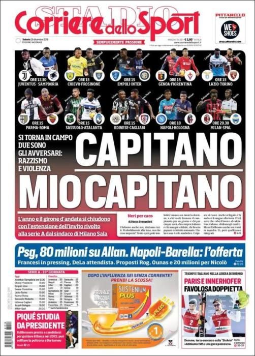 Portada CORRIERE DELLO SPORT sábado 29 diciembre