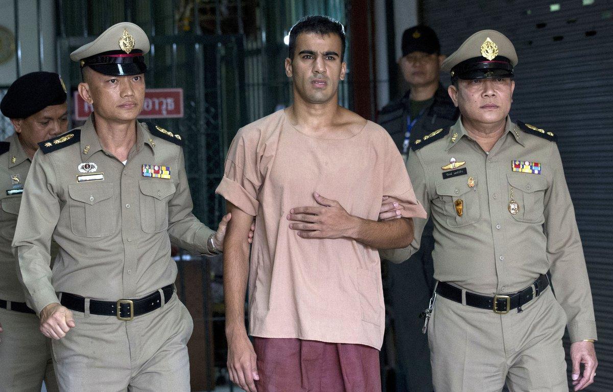 FILE - In this Monday, Feb. 4, 2019, file photo, refugee soccer player Bahraini Hakeem al-Araibi leaves the criminal court in Bangkok, Thailand. A Thai court on Monday, Feb. 11, 2019, has ordered the release of al-Araibi after prosecutors said they were no longer seeking his extradition to Bahrain. (AP Photo/Sakchai Lalit, File)