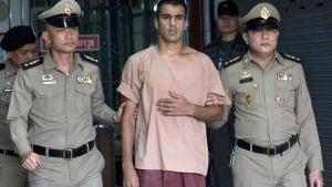 FILE - In this Monday, Feb. 4, 2019, file photo, refugee soccer player Bahraini Hakeem al-Araibi leaves the criminal court in Bangkok, Thailand. A Thai court on Monday, Feb. 11, 2019, has ordered the release of al-Araibi after prosecutors said they were no longer seeking his extradition to Bahrain. (AP Photo/Sakchai Lalit, File)