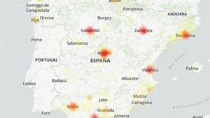 Mapa de España donde se han registrado fallos en Facebook, este martes.