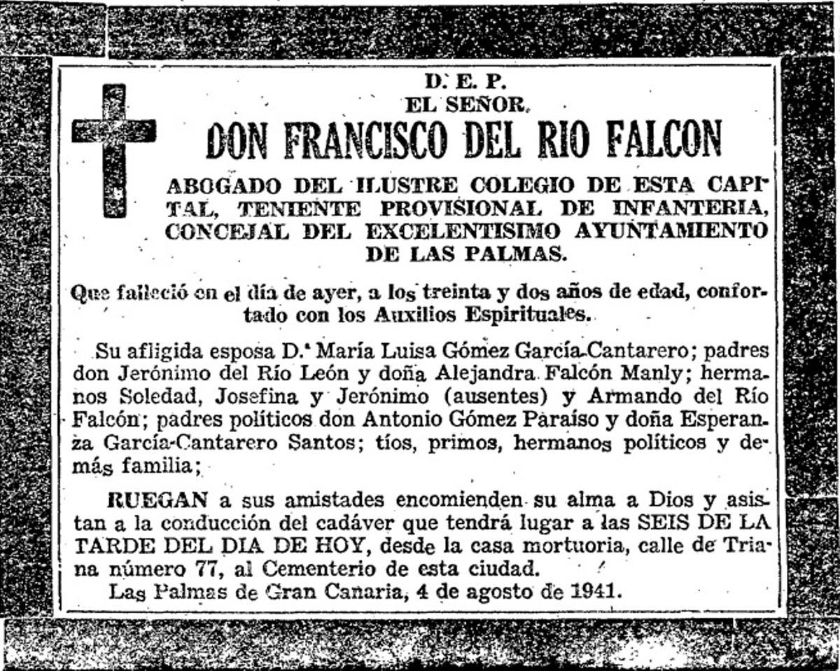 Esquela publicada en el periódico LA PROVINCIA el día después de la muerte del teniente Francisco del Río Falcón