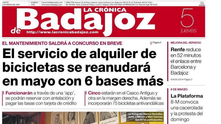 Esta es la portada de LA CRÓNICA DE BADAJOZ correspondiente al día 5 de marzo del 2020