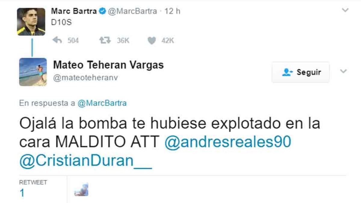 Este es el lamentable y denunciable mensaje a Marc Bartra