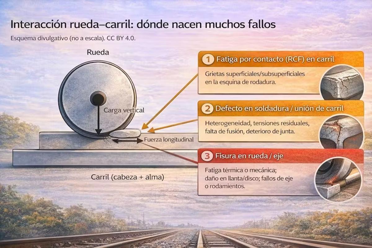 En la interacción constante entre las ruedas del ferrocarril, pueden formarse grietas debido al desgaste continuo, al incremento cíclico de las temperaturas y a las cargas repetitivas que provocan la fatiga de los materiales implicados.