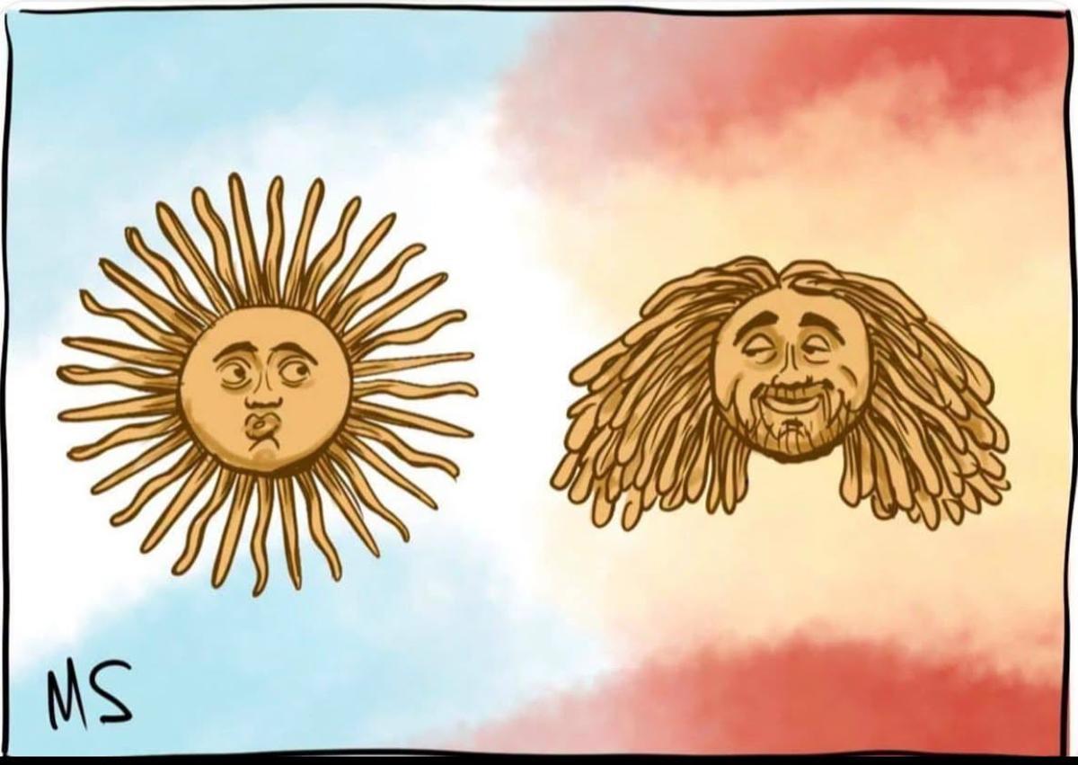 La bandera argentina y la bandera española como Cucurella de forma humorística