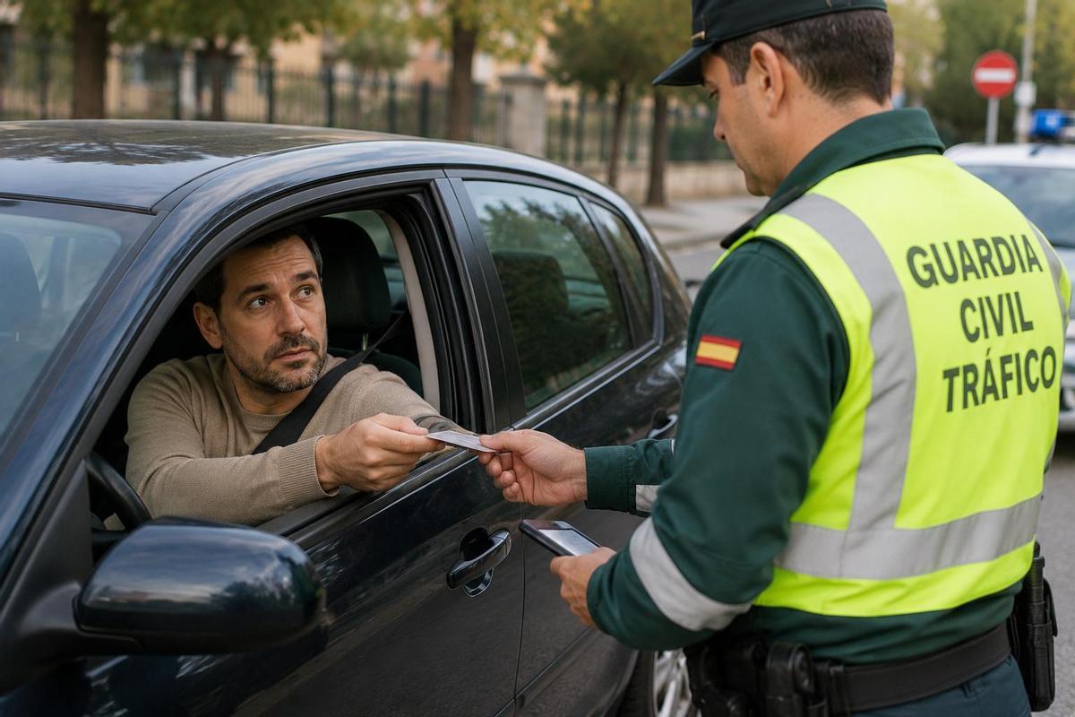 Un agente de la Guardia Civil de Tráfico pide el carné a un conductor.