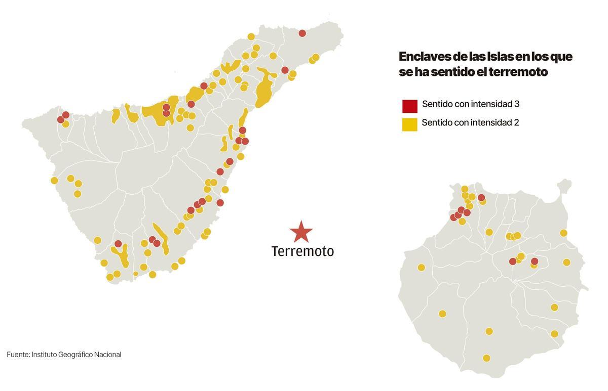 Gráfica de la intensidad con la que se ha sentido el terremoto en Tenerife y Gran Canaria