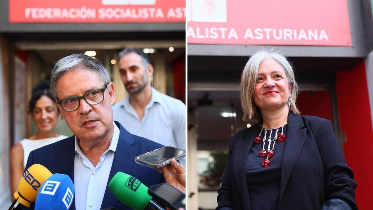 Enrique Rodríguez Nuño, a la izquierda, y Almudena Cueto, a la derecha, a la puerta de la sede de la FSA, esta mañana.