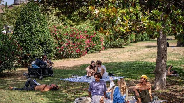 Visitants i turistes descansen a l’ombra dels arbres i de les glans del parc de la Ciutadella per protegir-se de les altes temperatures.
