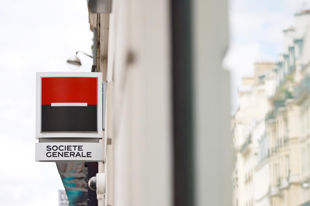 A Societe Generale sign is seen outside a bank building in Paris